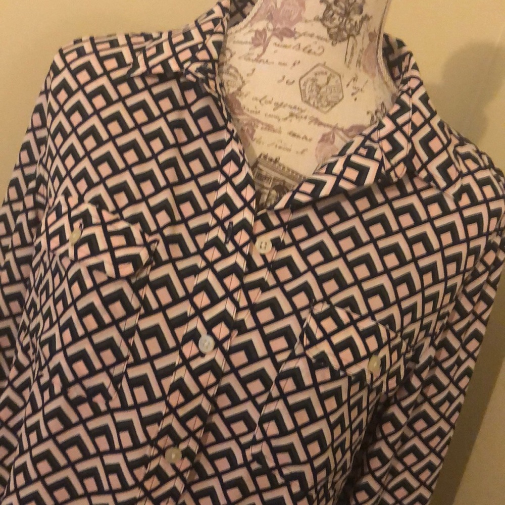 LOFT Pink and Navy Geometric Button-Up Blouse